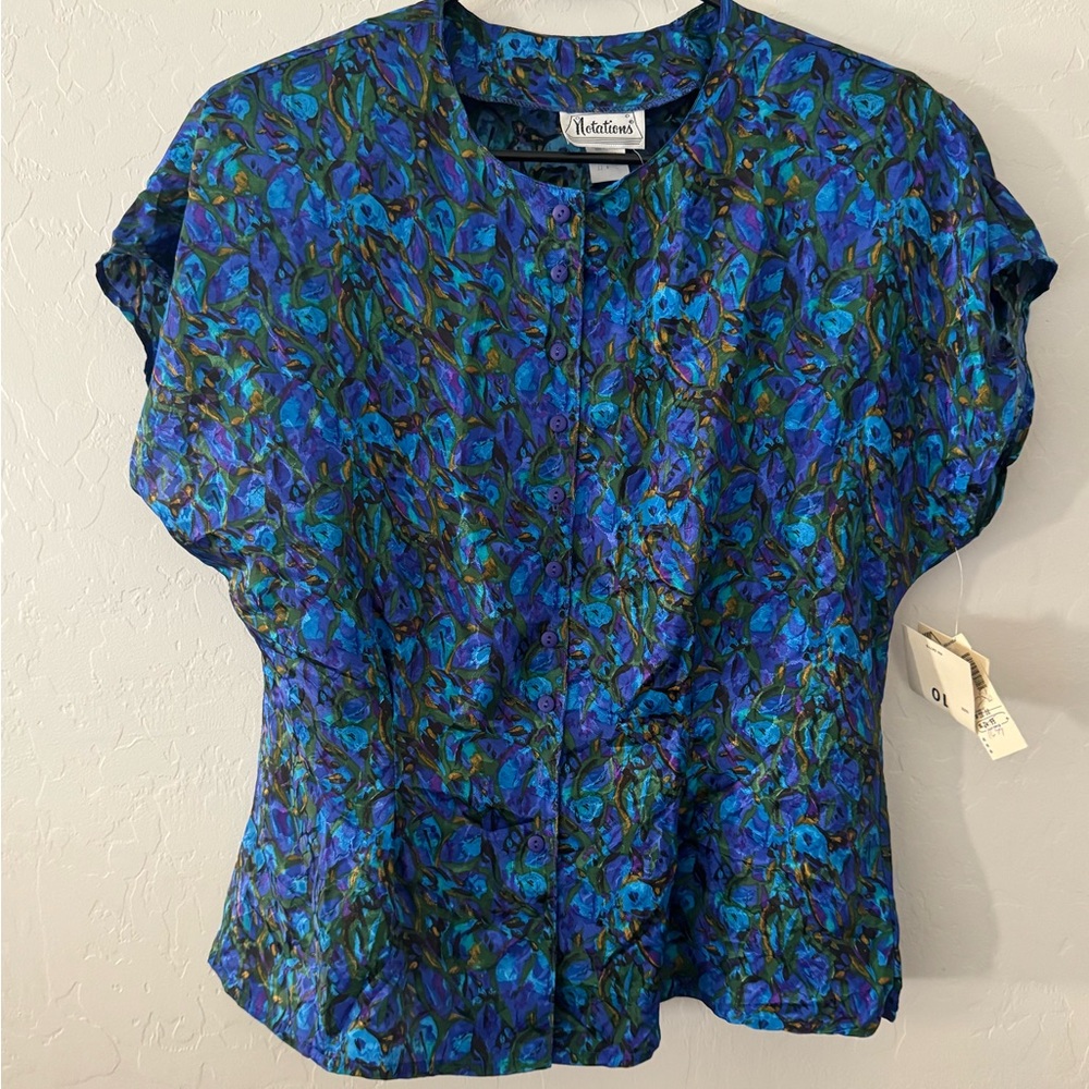 NWT Deadstock Notations Blue Purple Floral Short Sleeve Blouse M USA